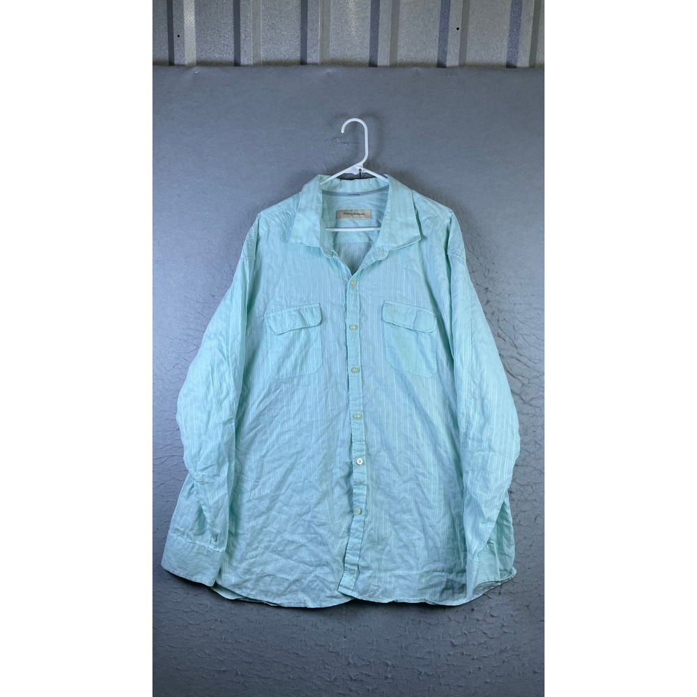 Tommy Bahama Button Up Shirt Mens XXL Aqua Blue Excellent Linen Cotton Striped